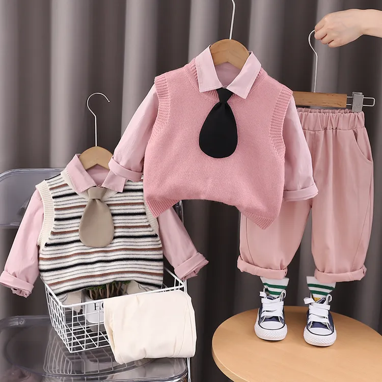 【沫沫家】男女童秋装新款洋气男宝宝春秋季纯色领带毛衣三件套潮