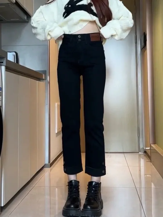 梨形身材高腰弹力设计感直筒牛仔裤女大码胖mm黑色显瘦九分烟管裤