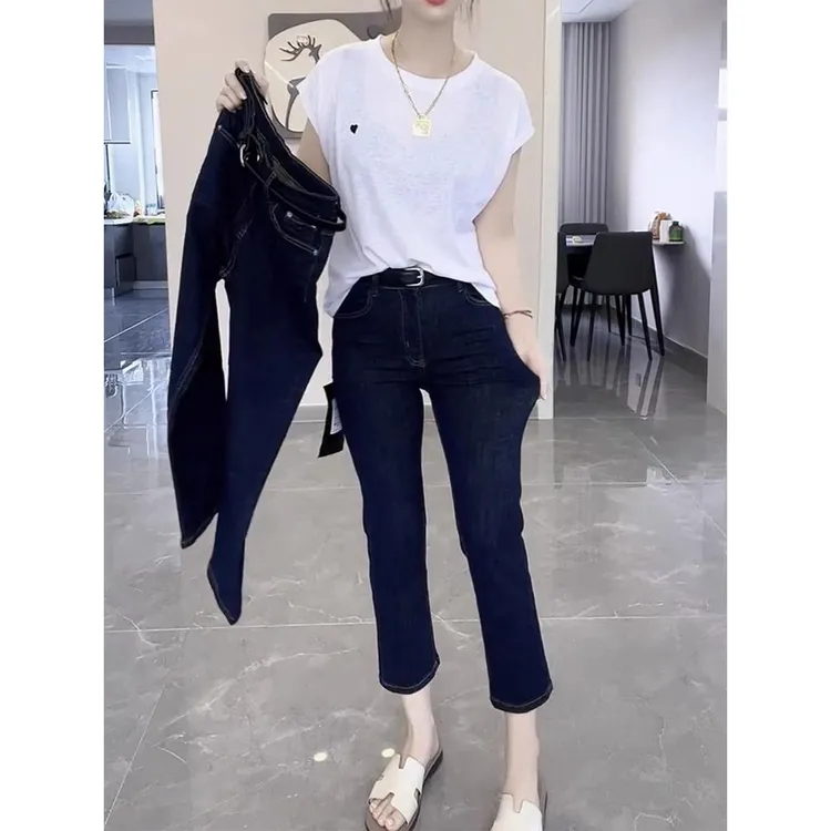 梨型身材大微胖穿搭高腰弹力牛仔裤女大码早秋显瘦八分直筒烟管裤