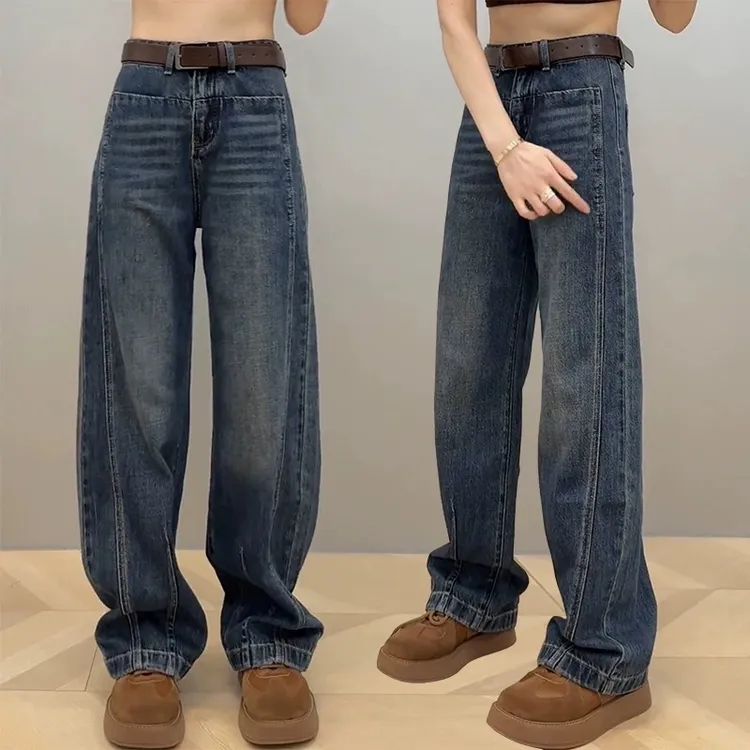 复古显瘦镰刀牛仔裤女春季梨形身材遮胯垂感休闲弯刀香蕉阔腿长裤