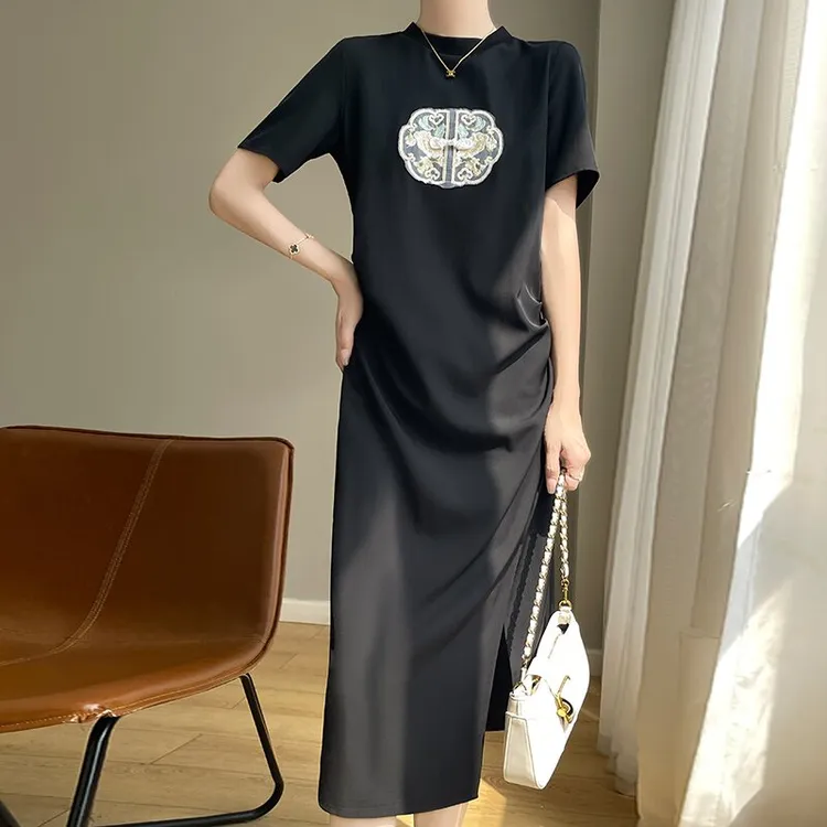 纯色开叉新中式夏装刺绣时尚显瘦裙子夏季连衣裙气质法式宽松复古