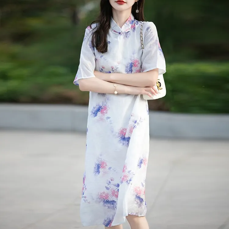 长裙立领印花斜襟无开衩短袖旗袍春夏日常中式中国风显瘦气质夏季