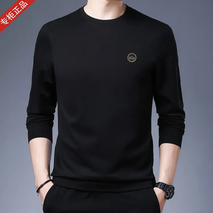 新英伦男士长袖T恤商务休闲纯色圆领印花高档纯棉上衣打底衫