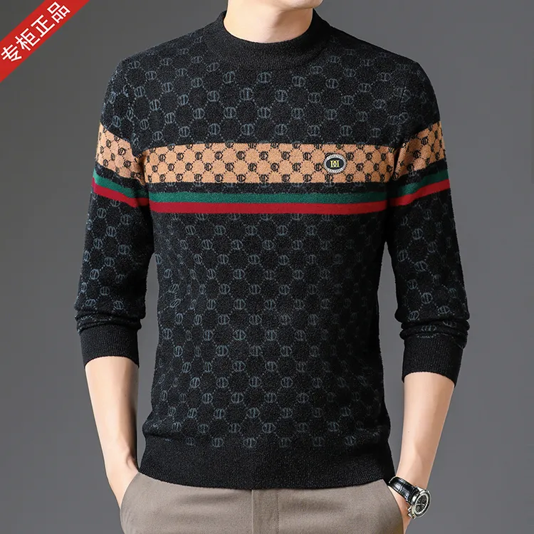 2024秋冬季新款男士长袖T恤羊毛衫潮流高档印花100％羊毛保暖上衣 