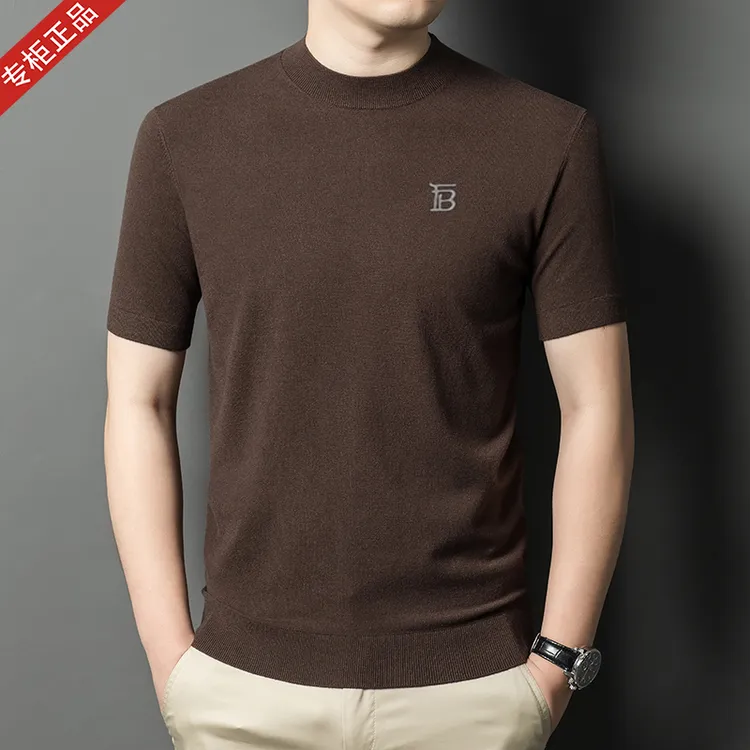 2025秋冬季新款英伦短袖T恤男士商务休闲半高领羊绒衫薄款针织衫