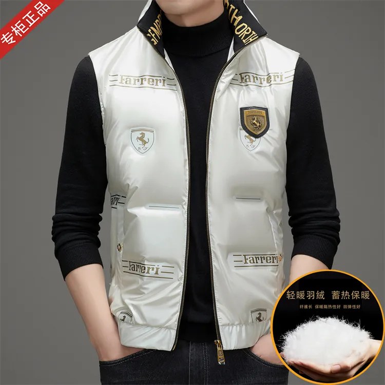 2025冬季新款英伦男士短款羽绒马甲高档气质印花亮面鸭绒保暖外套