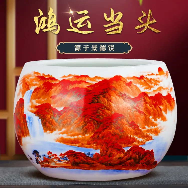 景德镇鸿运当头瓷器中式传统陶瓷聚宝盆高档客厅装饰办公室摆件