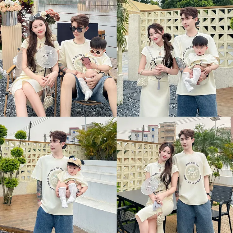 啦啦新中式夏季亲子装刺绣重工盘扣短袖T恤中国风母子母女裙装婴