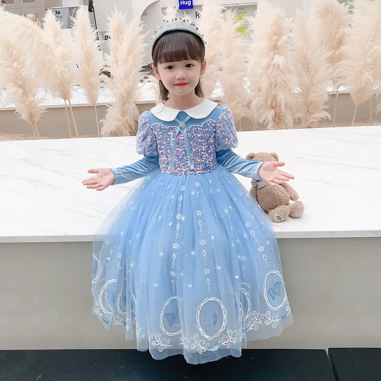 9185#爱莎公主裙2023春新款女童高品质六一生日泡泡袖爱莎网纱裙