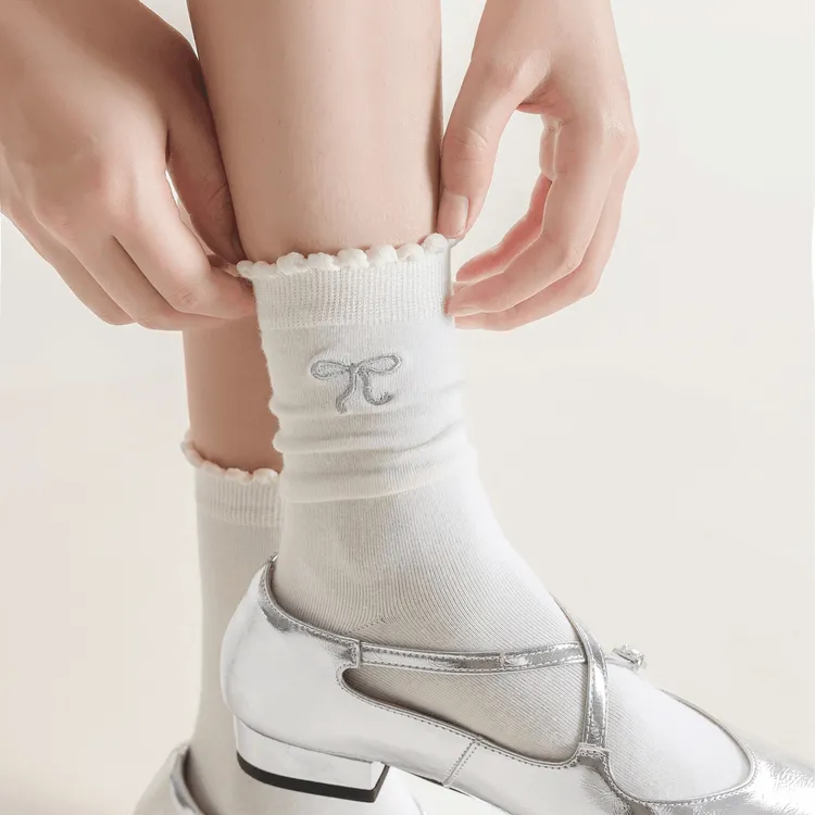 芭蕾风花边蝴蝶结袜子精梳棉透气无骨短袜日系miu风白色中筒袜 fx