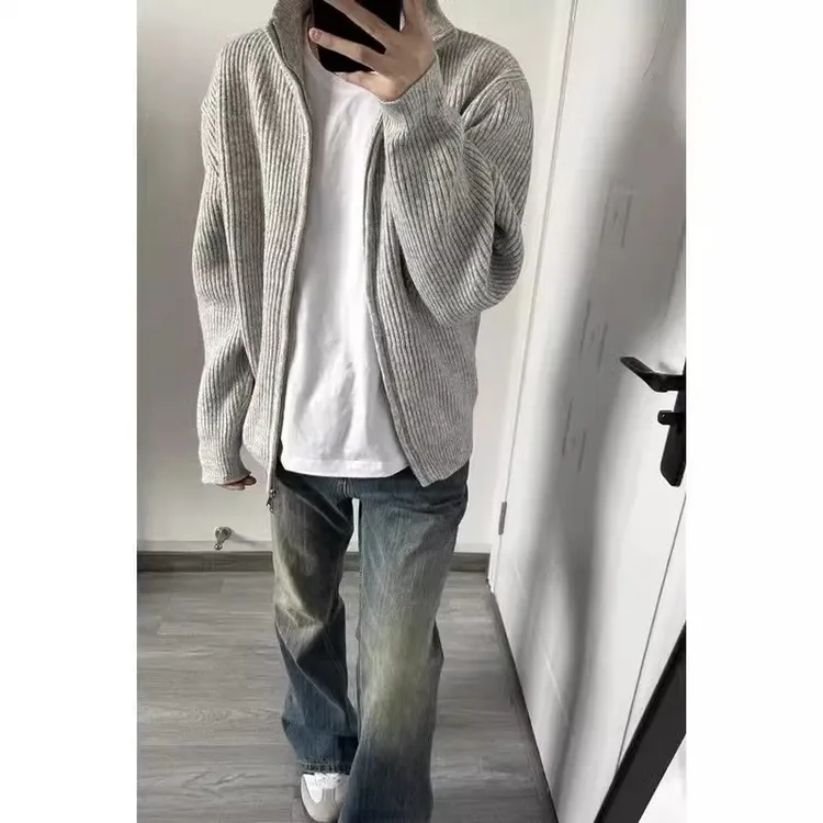 cleanfit灰色针织衫立领双拉链设计感秋冬毛衣男开衫情侣运动外套