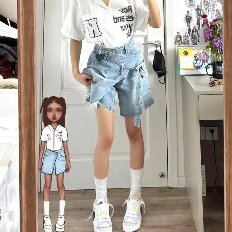 夏季潮ins设计感美式高街辣妹不规则破洞牛仔短裤女小众五分裤子