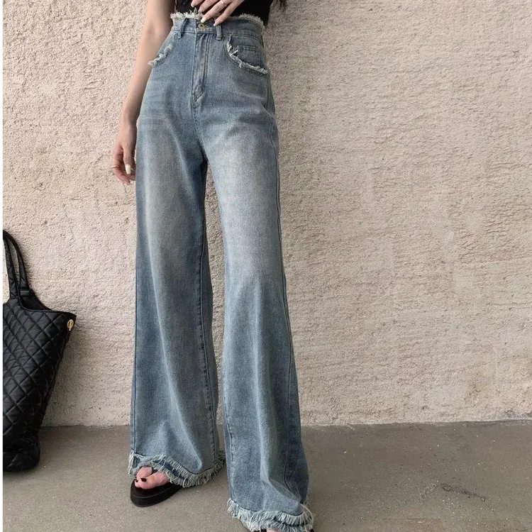 毛边流苏春夏季宽松休闲直筒阔腿裤高腰显瘦拖地牛仔裤蓝色长裤子