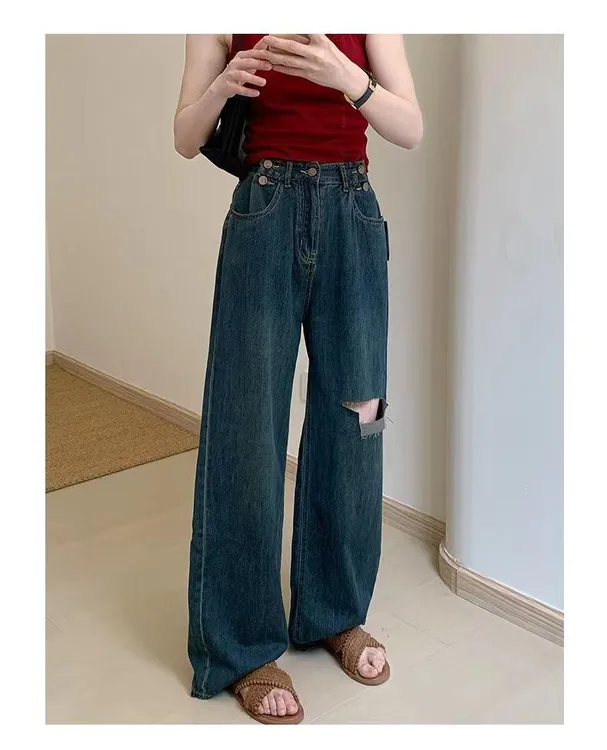 韩版复古百搭显腿长破洞直筒裤小个子夏季高腰百搭显瘦牛仔长裤女