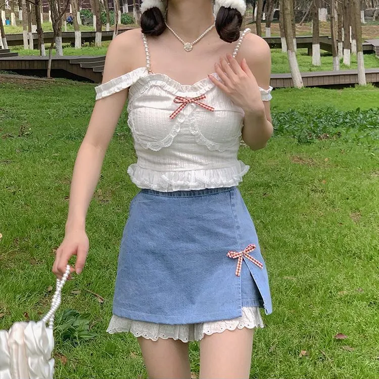 蕾丝拼接2024百搭设计感牛仔短裙裤女夏季高腰a字开叉半身裙短裤