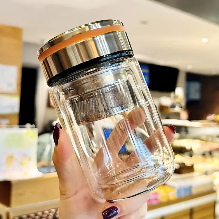 矮胖双层玻璃杯茶水分离茶杯隔热杯子女生办公室喝水耐高温高颜值