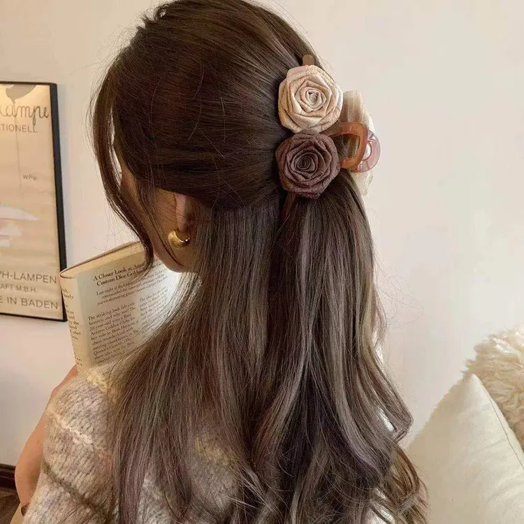 美拉德干枯玫瑰花朵抓夹发饰复古后脑勺盘发大号发夹高级感鲨鱼夹