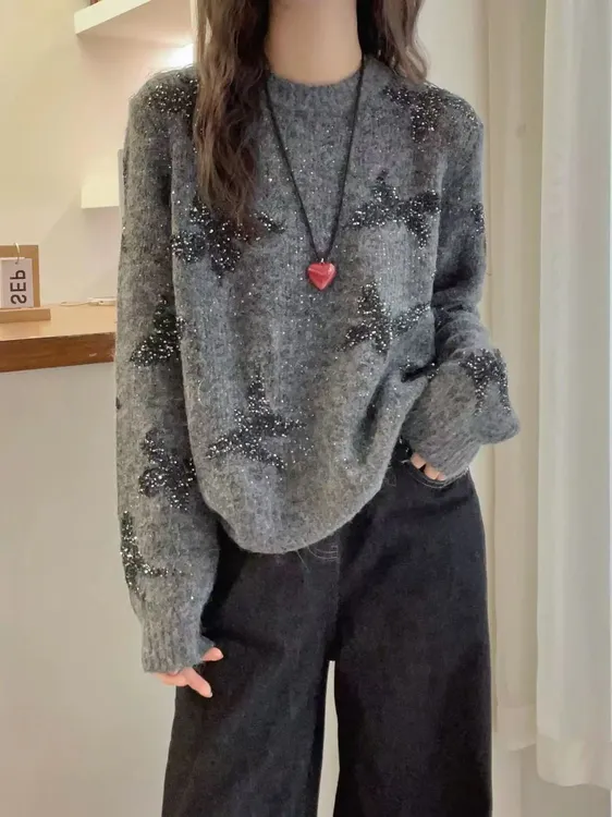 欧洲站2024秋装新款欧货时尚重工亮片针织衫女春秋软糯毛衣