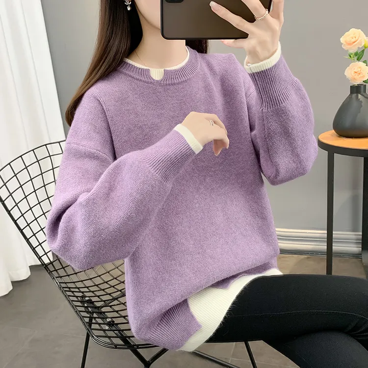 糖果色中长款毛衣女秋冬宽松慵懒风圆领韩版假两件针织衫上衣加厚