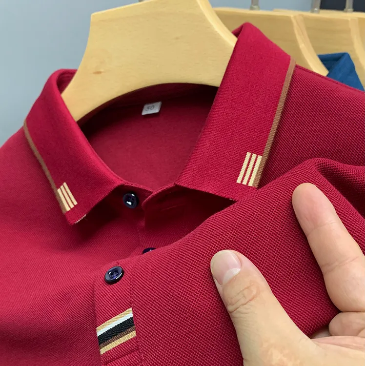 John Bunni100%纯棉长袖Polo衫男士商务t恤带翻领红色春秋休闲潮