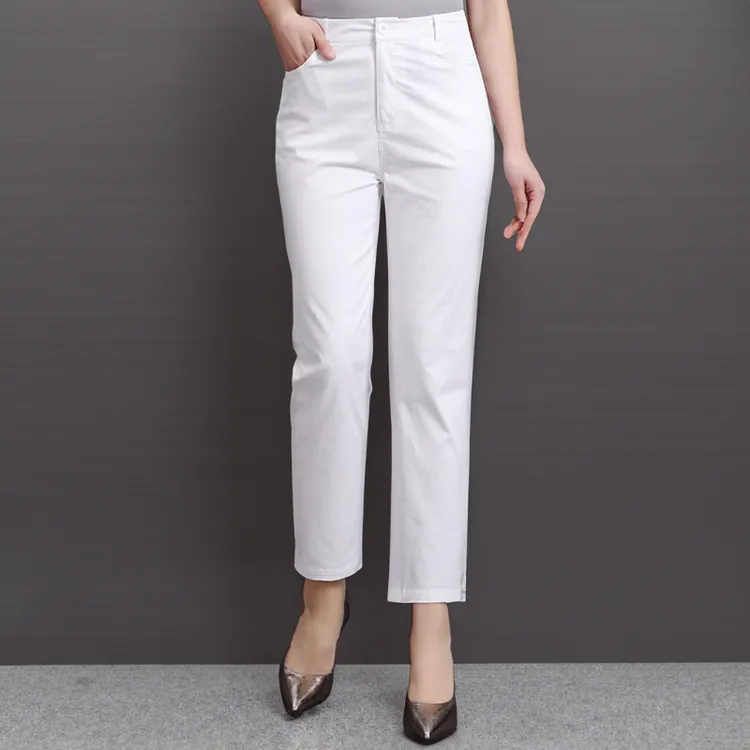 春秋新款白色九分女士妈妈裤子高腰宽松直筒百搭弹力休闲牛仔裤子