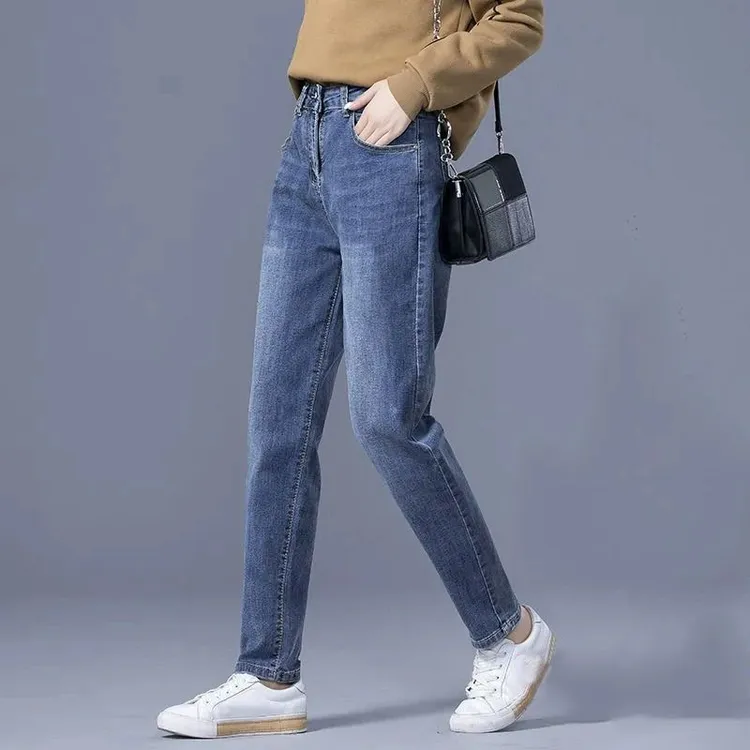 蓝色哈伦牛仔裤女2025秋冬加绒高腰百搭老爹裤小脚九分萝卜女裤子
