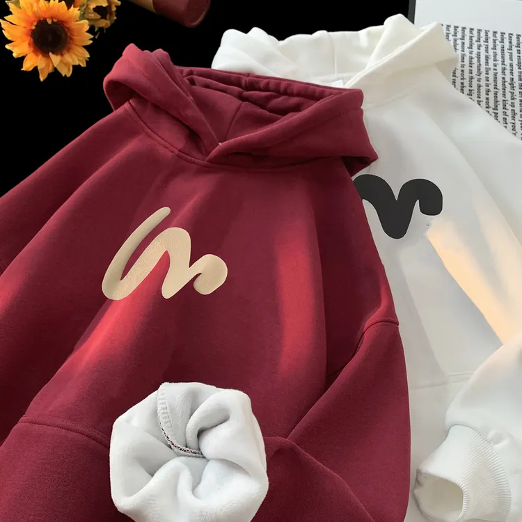 XZ203W769加绒6524冬新款发泡印花宽松连帽卫衣白色花灰黑色酒红