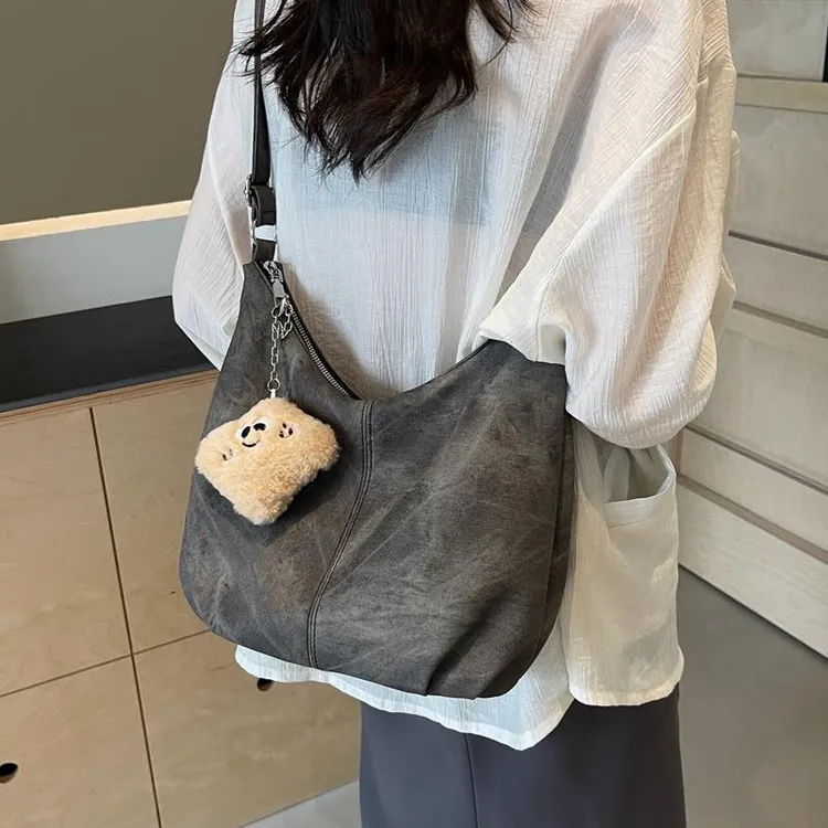 黑茶色简约柔软大容量上课通勤斜挎包大包2024新款潮时尚百搭大包