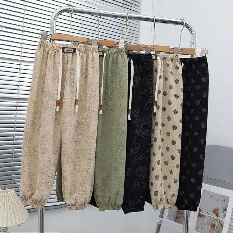 夏季冰丝麻灯笼裤潮款宽松凉爽碎花透气薄款男女宝宝防蚊裤束脚
