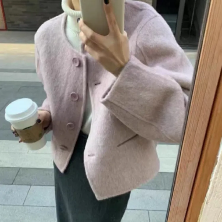 常规薄款短款毛呢外套大衣气质单排扣女装ins韩版百搭简约小个子