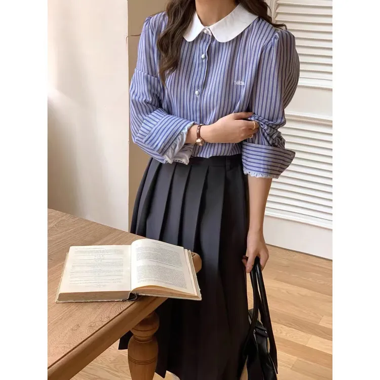 2024新款韩国小众Flet*a可爱减龄娃娃领条纹长袖衬衫衬衣上衣