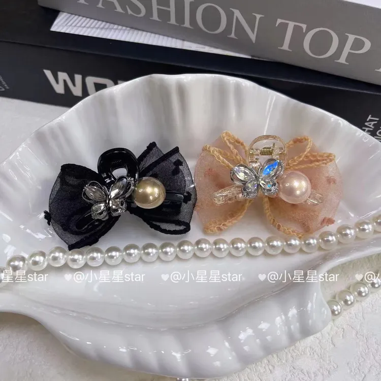 【月蝶】网纱蝴蝶结抓夹女小号侧边碎发刘海发夹气质半扎发发卡头饰