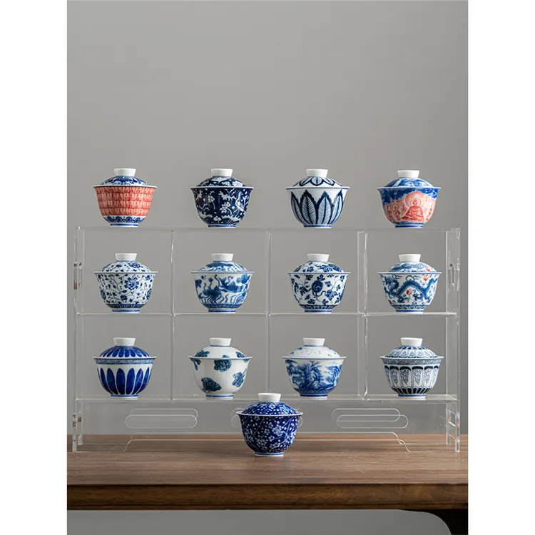 敦煌佛像山水青花瓷釉下彩盖碗功夫茶具复古陶瓷泡茶三才盖碗茶碗