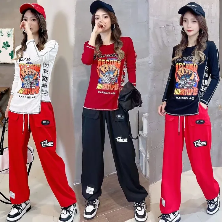 网红款曳步舞蹈服修身个性长袖上衣广场舞休闲工装裤两件套装