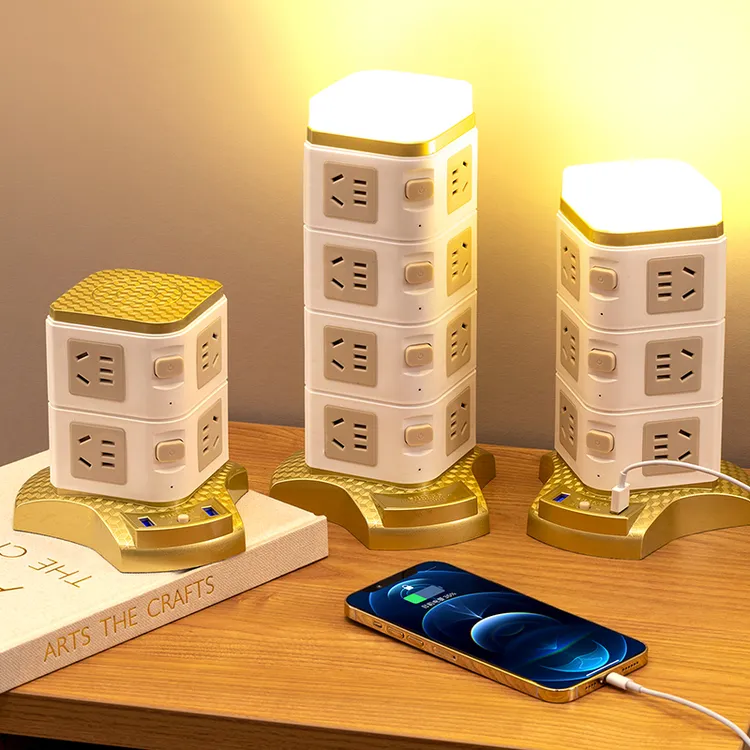 立式插座变光夜灯多功能金色塔形独立开关桌面多孔位插排板带USB