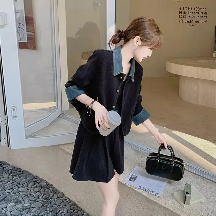 2024新款小香风一整套秋冬穿搭黑色韩系高级感牛仔拼接两件套裙女