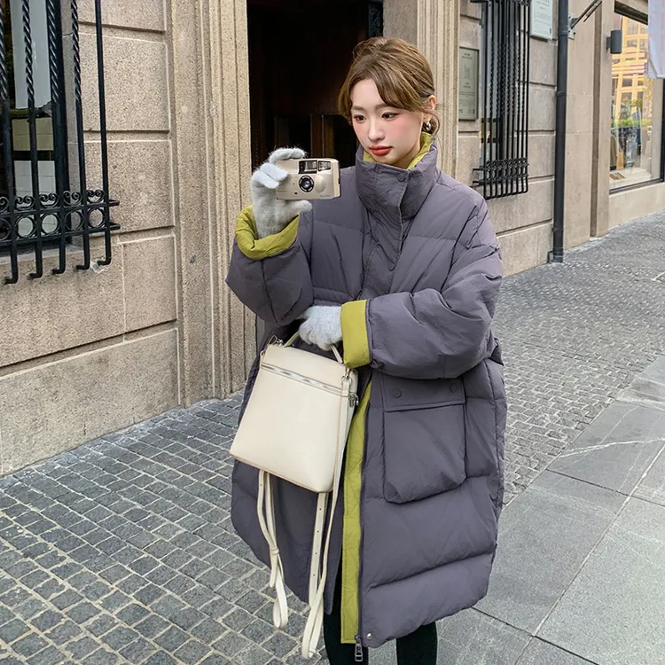 灰色立领羽绒服女冬季2024新款韩系oversize中长款保暖白鸭绒外套
