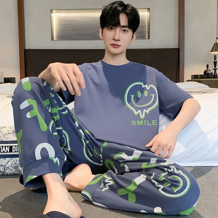 夏季短袖长裤纯棉男士睡衣2024新款青少年可爱卡通薄款夏天家居服