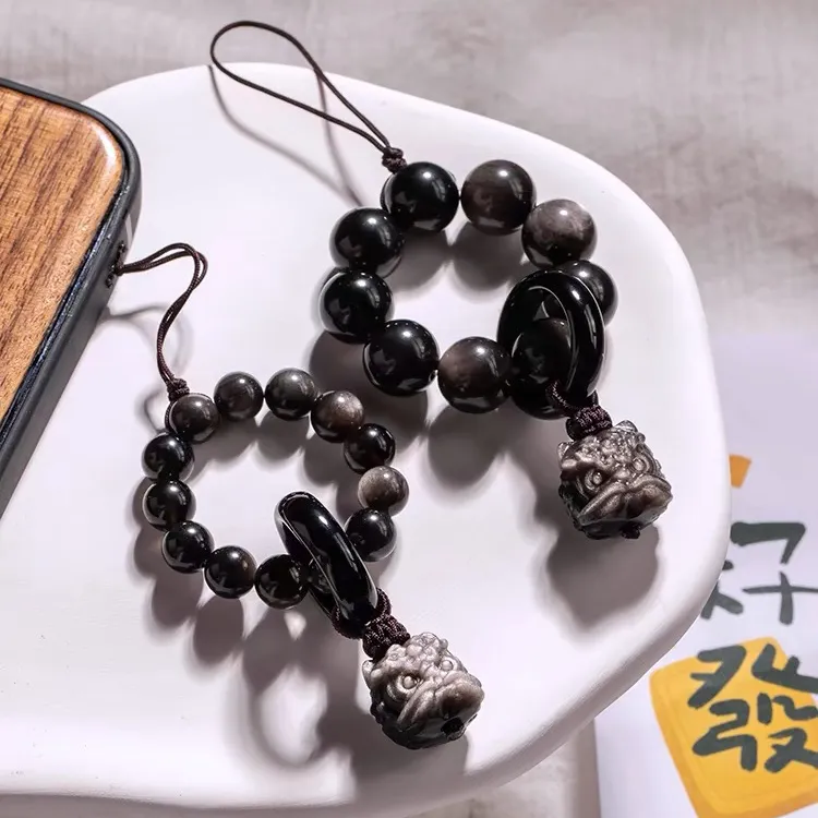 天然黑曜石手机链手捻串指环扣防丢指尖盘玩小串醒狮文玩佛珠挂饰