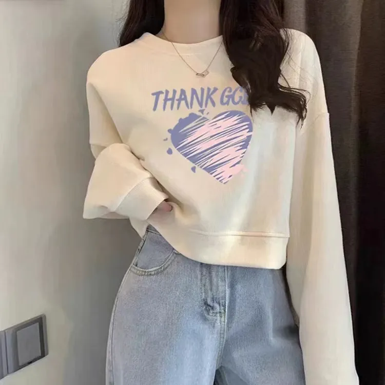 高腰短款杏色卫衣女2024年秋冬新款小个子圆领显瘦加绒加厚上衣潮