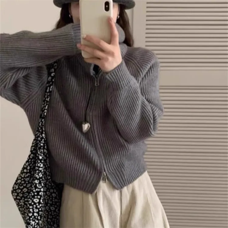 韩版chic秋冬复古百搭双头拉链坑条宽松休闲长袖针织衫毛衣外套女