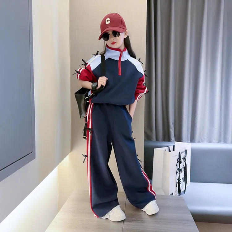 女童春秋装拼色运动套装2025新款儿童秋季洋气休闲直筒裤两件套