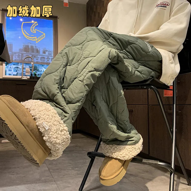 羊羔绒防风菱形格休闲宽松棉裤男款加绒加厚情侣款冬季直筒保暖裤