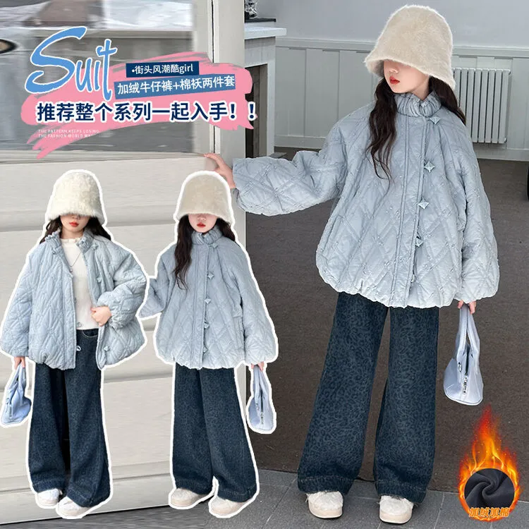 女童冬季套装2025新款中大童加厚棉衣加绒牛仔裤两件套初中生棉服