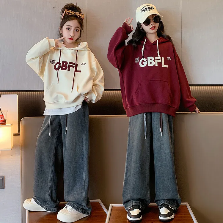 女童套装春秋装新款儿童洋气初中生连帽卫衣牛仔裤两件套潮中大童