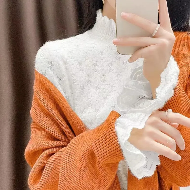 半高领磨毛加绒加厚蕾丝打底衫女秋冬洋气内搭2023新款网纱上衣女