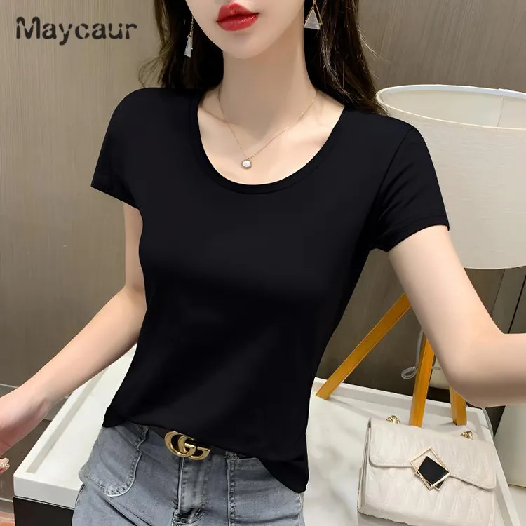 Maycaur韩式纯棉短袖T恤女春夏新款半袖圆领正肩洋气打底衫上衣潮