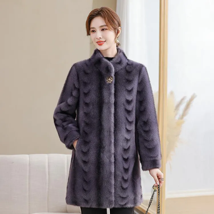 人造皮草 装秋冬新款立领仿皮草水仿貂绒大衣中老年女洋气高贵皮