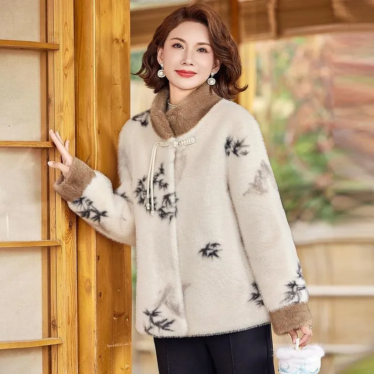 妈妈冬装水仿貂绒外套中老年女装时尚新中式国风绣花立领毛呢上衣