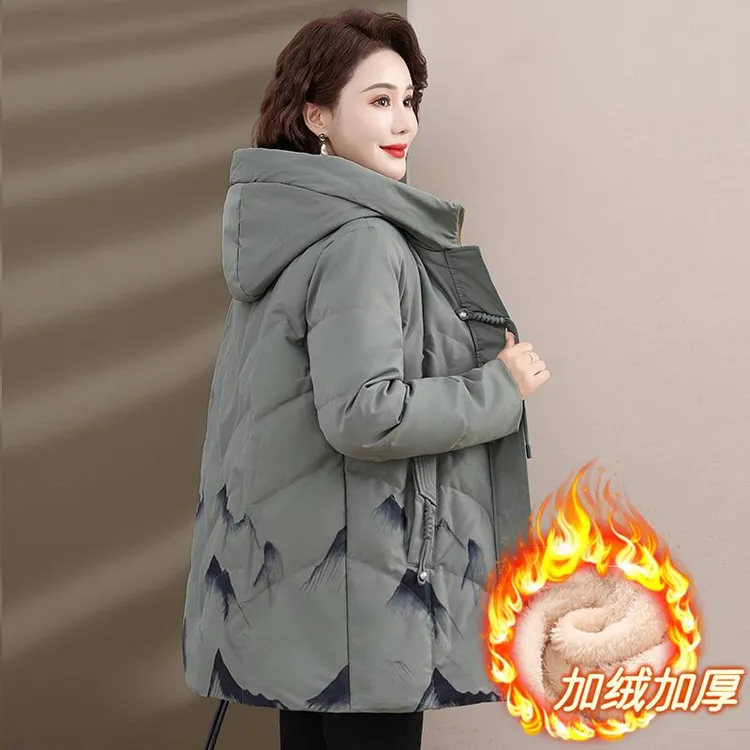 妈妈装中国风加厚保暖印花外套连帽宽松百搭棉服柔软亲肤显瘦棉衣